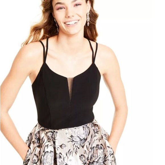 Floral Brocade Ballgown with Mesh Cutout - Picture 5 of 8